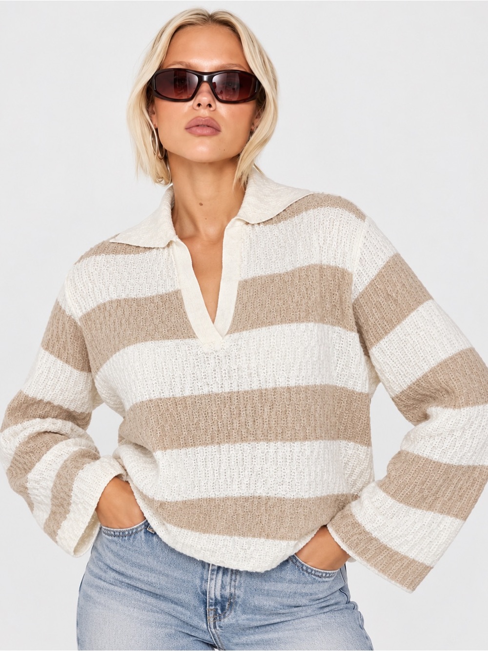 Princess Polly Striped Textured Collared Polo Sweater Beige Cream Size 4 So Soft